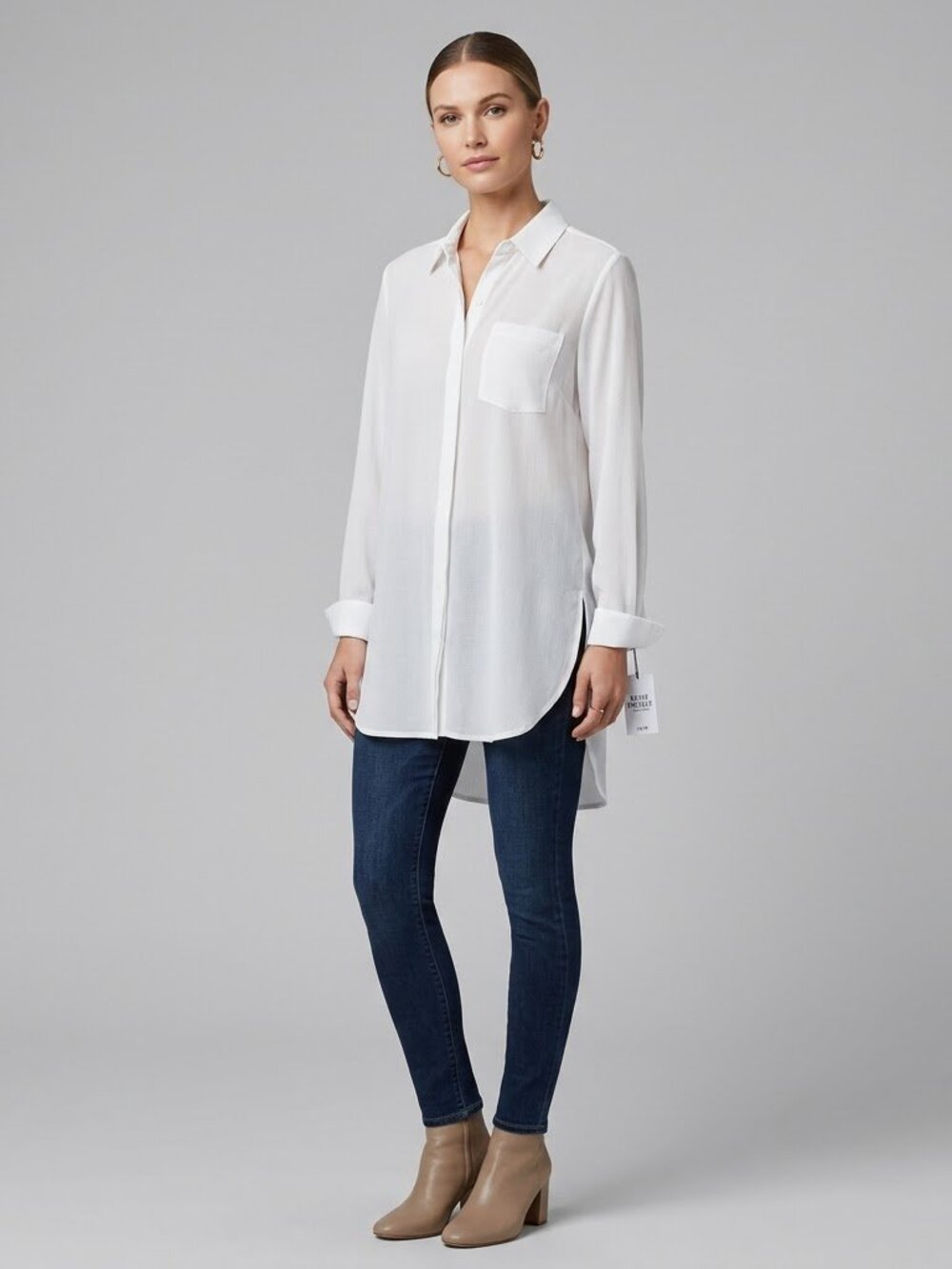Haute Project Los Angeles NWOT white long sleeve button down tunic blouse, M